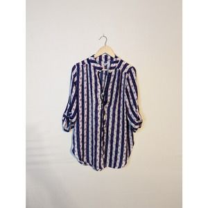 Fanni nautical navy blue white striped purple anchor wheel blouse extra large XL